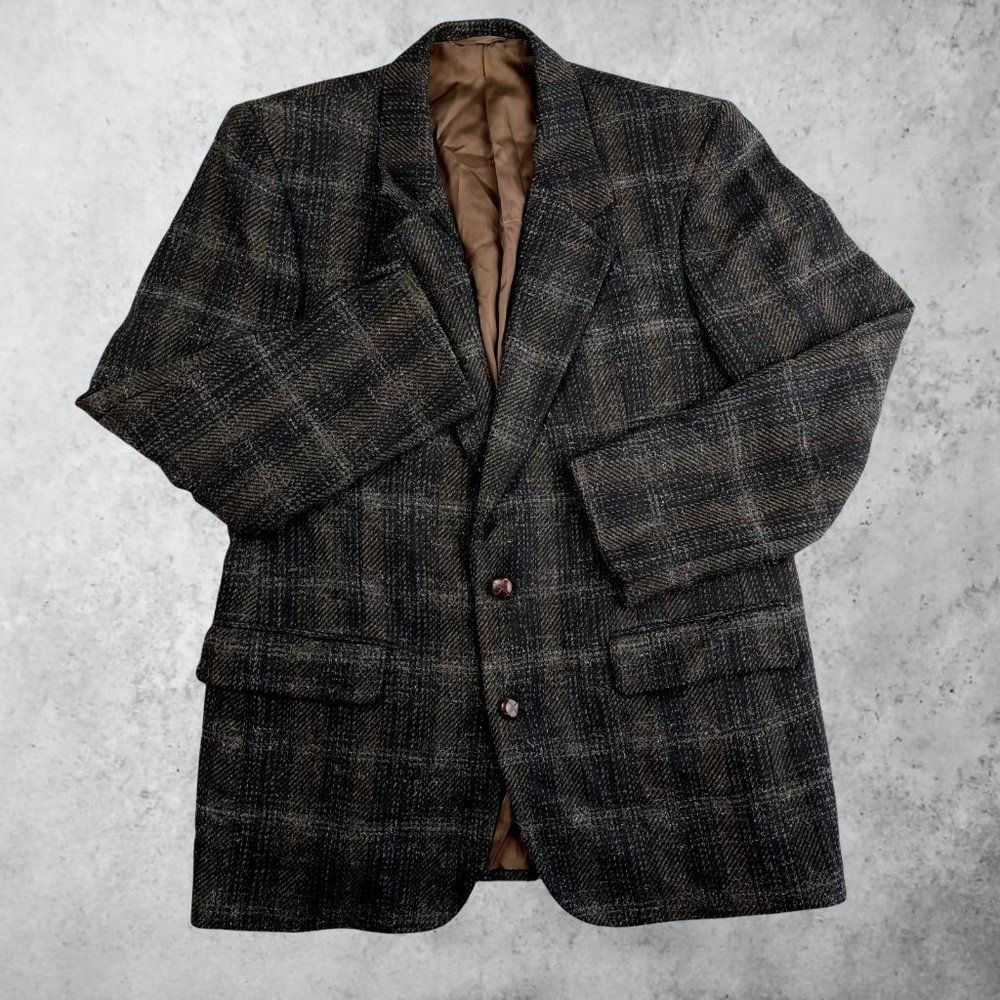 Finchley Fifth Avenue British Tweed Sport Coat Vintage Overcheck Charcoal 40R